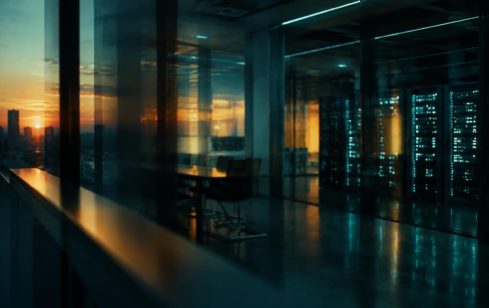 Escritório moderno com servidores do DataCenter ao fundo